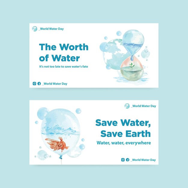 ソーシャルメディアとコミュニティの水彩イラストのための世界水の日のコンセプトデザインのツイスターテンプレート