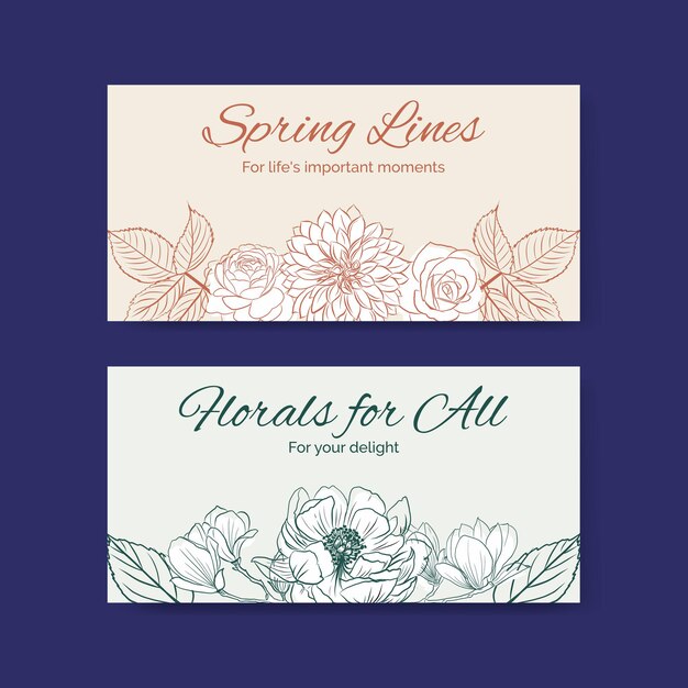 Twitter banner template with spring line art concept design watercolor illustration