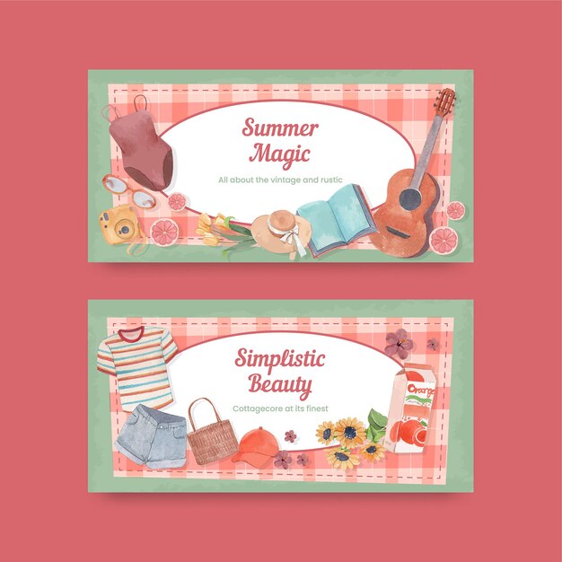 Free vector twitter cover with summer cottagecore concept, watercolor style