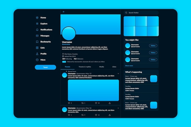 Vettore gratuito modello di tema scuro dell'interfaccia twitter