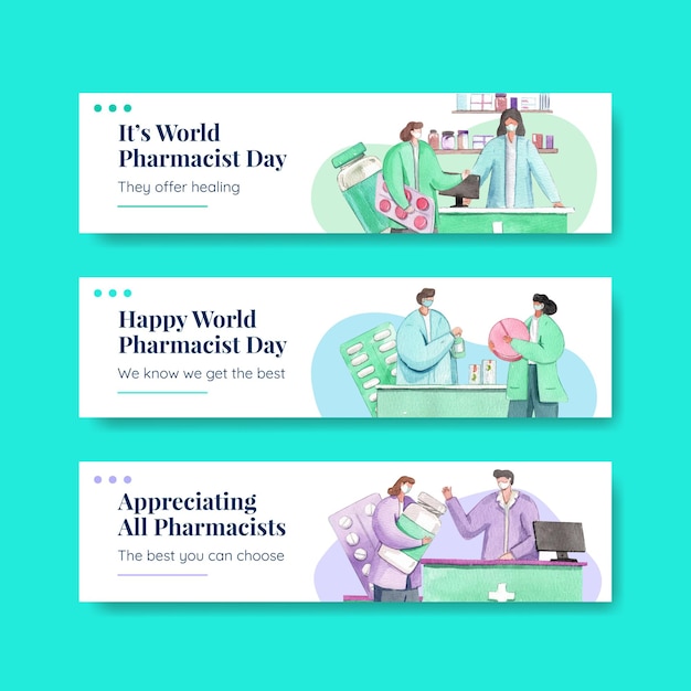 Twitter template set with world pharmacists day in watercolor style