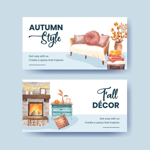 Twitter template with autumn home cozy concept,watercolor style