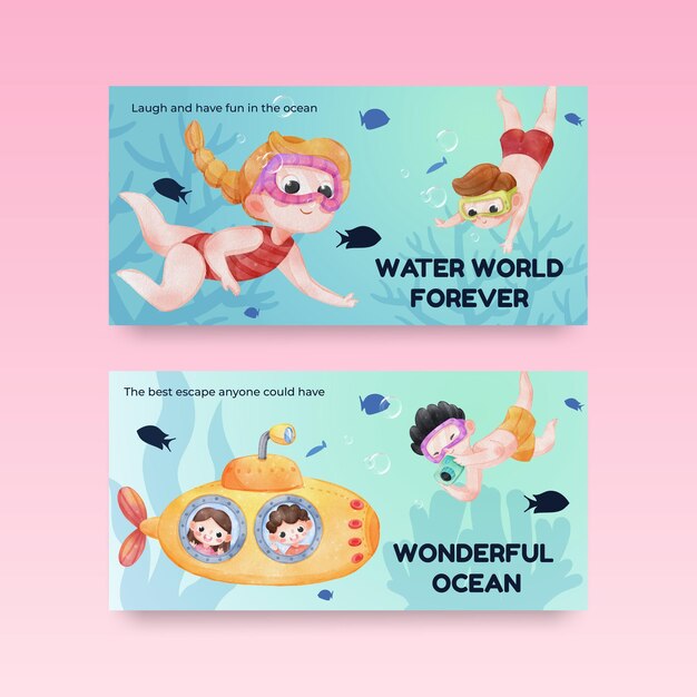 Free vector twitter template with explore ocean world conceptwatercolor stylexa