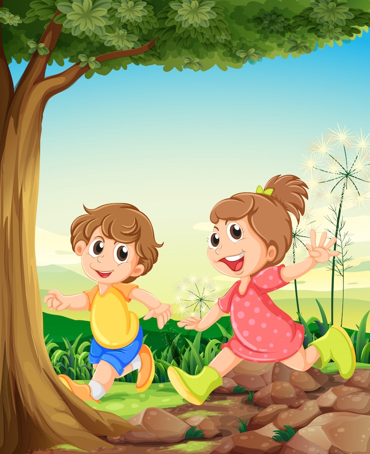 Free Vector two adorable kids playing under the tree