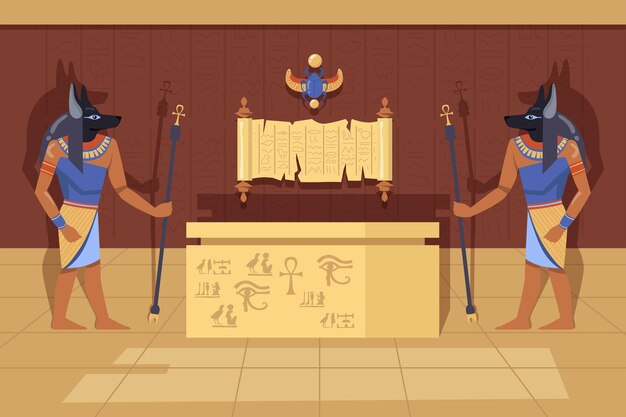 Free Vector Two Anubis Deities With Ankh Walking Canes Next To Mummy Case Cartoon Illustration Egyptian Gods In Ancient Temple Interior Symbols And Hieroglyphics Ancient Egypt History Art Concept