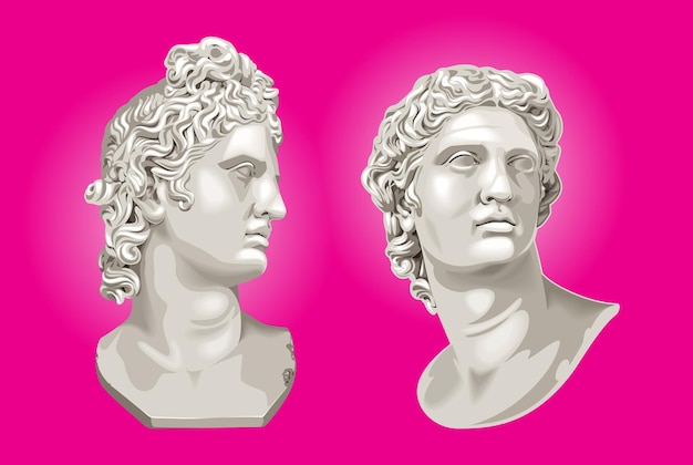 Two apollo busts on pink acid background