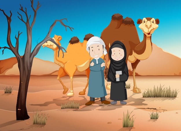 2人のアラブ人と砂漠のラクダ