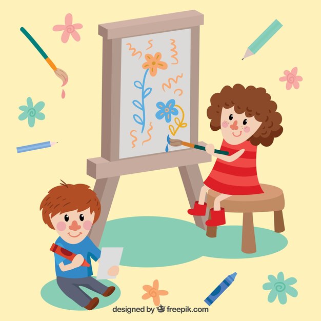Free Vector two beautiful kids painting 