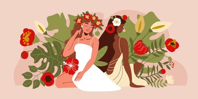 Бесплатное векторное изображение Две красивые женщины в летних платьях с цветами в длинных волосах сидят в окружении цветущих растений плоской горизонтальной векторной иллюстрации