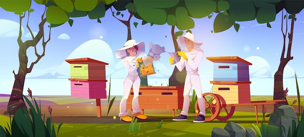 Free vector two beekeepers working at bee farm vector cartoon illustration of man and woman harvesting honey from honeycomb in green garden with beehives trees and flowers apiculture business organic product