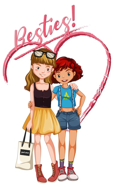 Free vector two best friend girls with besties lettering