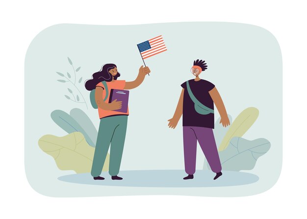 두 흑인 여학생의 만남. 미국 국기를 들고 배낭을 메고 있는 소녀, 독립 기념일 플랫 벡터 삽화. 배너, 웹 사이트 디자인 또는 방문 웹 페이지에 대한 커뮤니케이션, 애국심 개념