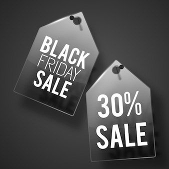 Two black friday sale tag set on wall with shadows and white texts