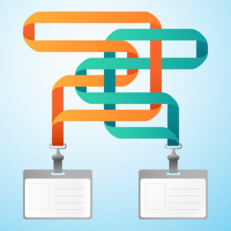 Free Vector two blank plastic identifications cards with orange and blue ribbons