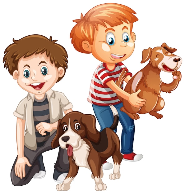 Free vector two boy playing with their dogs isolated on white background