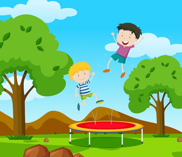 Free vector two boys bouncing on trampoline in the park