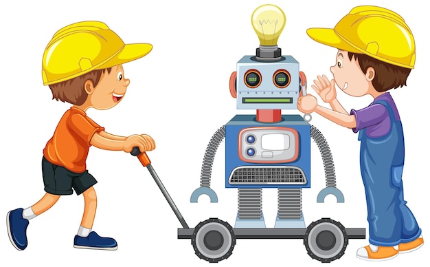 Free vector two boys building robot on white background