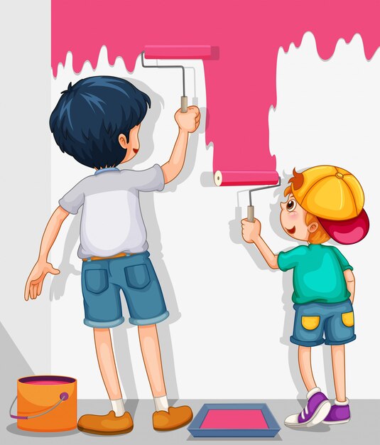 Two boys painting the wall in pink