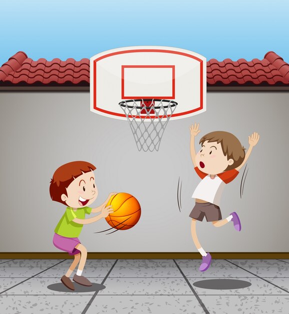 Two boys playing basketball at home illustration