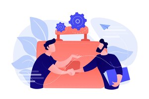 two business partners shaking hands and big briefcase. partnership and agreement, cooperation and deal completed concept on white background.
