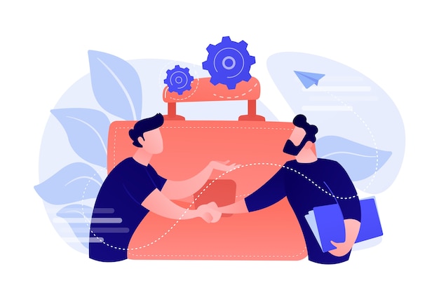 Free vector two business partners shaking hands and big briefcase. partnership and agreement, cooperation and deal completed concept on white background.