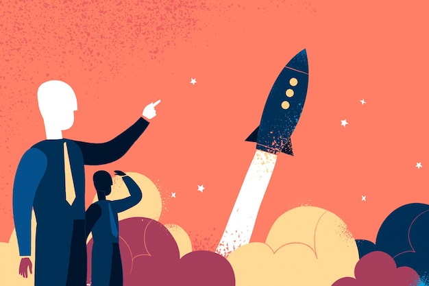 Free vector two businessman pointing to a rocket