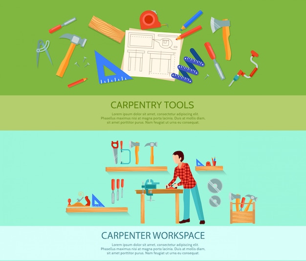 Free vector two carpentry works flat banners set with carpentry tools vector illustration