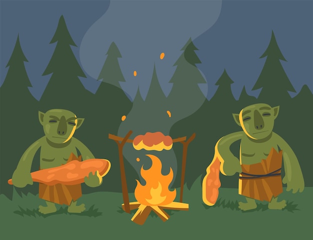 焚き火の平らなイラストの近くに2つの漫画の緑のトロール。夜の森で火の上で夕食を準備しているトランチョンを持つ怒っているオークやモンスター。コンピュータゲーム、ファンタジー、おとぎ話、モンスターの概念