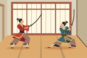 Два мультяшных героя-самурая сражаются друг с другом на мечах. плоский рисунок. азиатские воины в традиционных кимоно, стоя в боевых позах. азия, самурай, борьба, концепция культуры