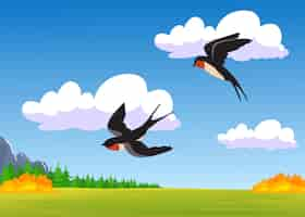 Free vector two cartoon swallows flying over autumn field. flat illustration