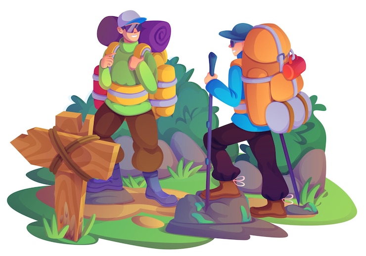 Free Vector two cheerful male hikers trekking on mountain path