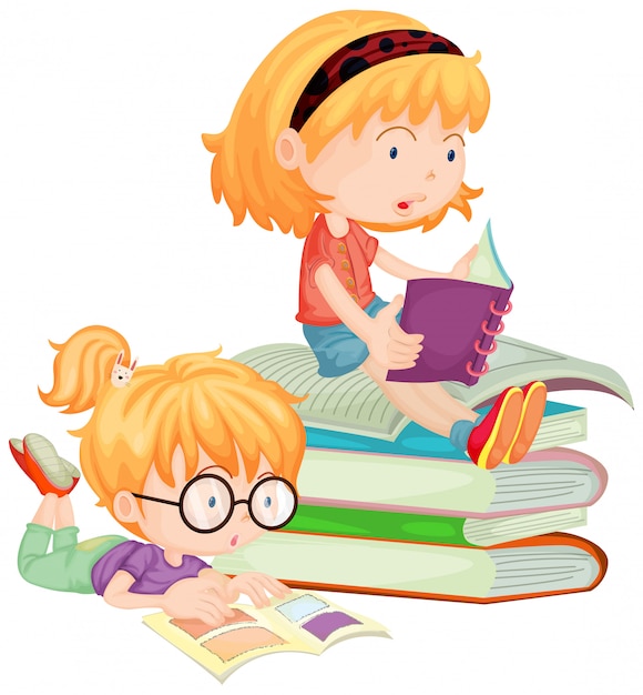 2人の子供が学校で本を読む