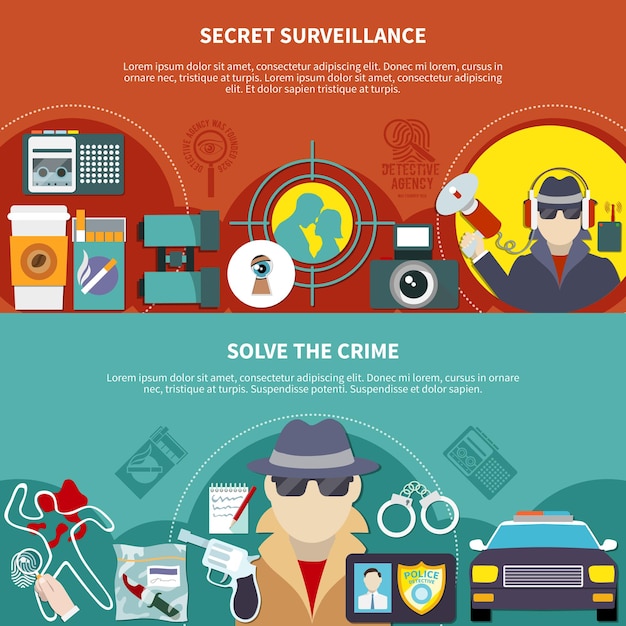 Free vector two colored detective banner set with secret surveillance and solve the crime descriptions vector illustration