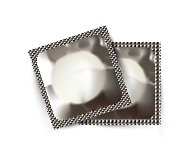 흰색 배경에 두 개의 콘돔 패키지 안전한 섹스와 생식 건강 개념