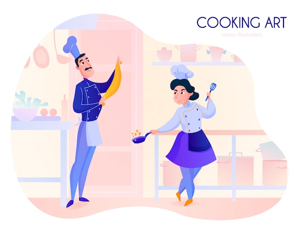 Two cooks working in restaurant kitchen cartoon 