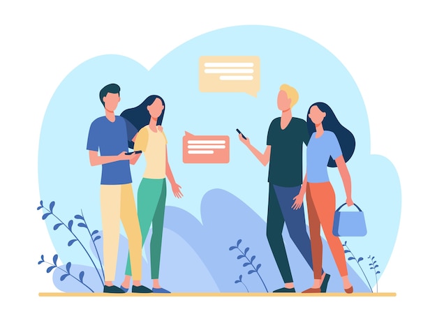 Two couples with phones walking and meeting outside. Talking, conversation, speech bubble flat illustration.