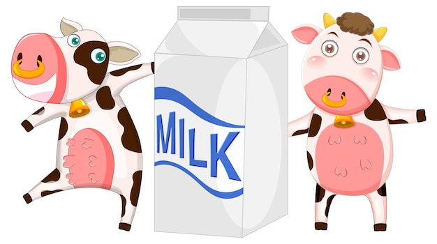 Two cows holding milk box