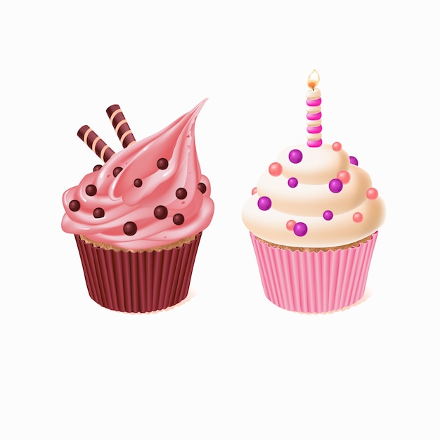 2つのカップケーキ、誕生日のお祝いのためのおいしいケーキ。キャンドル付きの甘いペストリー