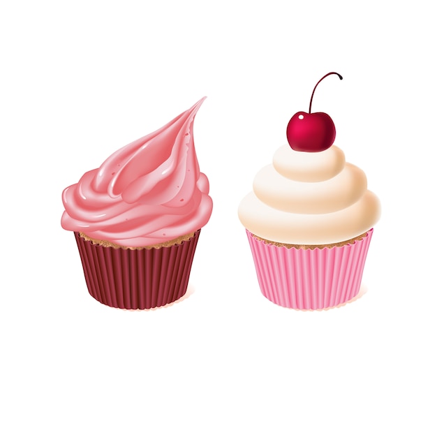 two cupcakes, tasty cakes, sweet pastry. Delicious homemade confectionery with cream
