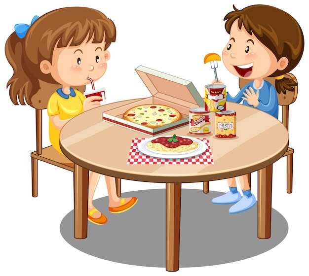 두 귀여운 소녀 흰색 배경에 테이블에 음식과 함께 식사를 즐길 수