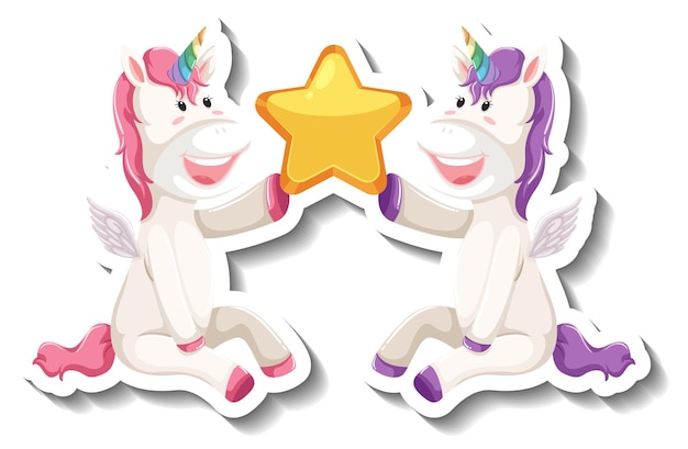 Vettore gratuito due simpatici unicorni che tengono insieme una stella adesiva cartone animato