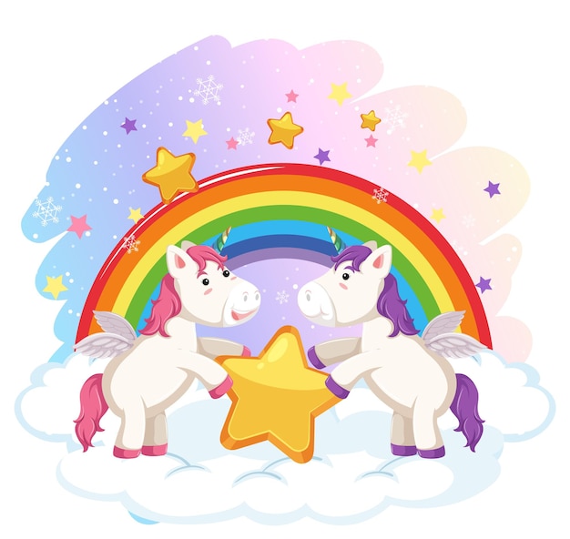 Two cute unicorns holding a star together with rainbow backgroun