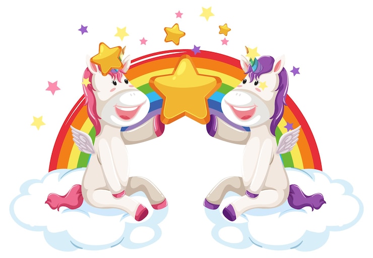 Free Vector two cute unicorns sitting on clouds with rainbow