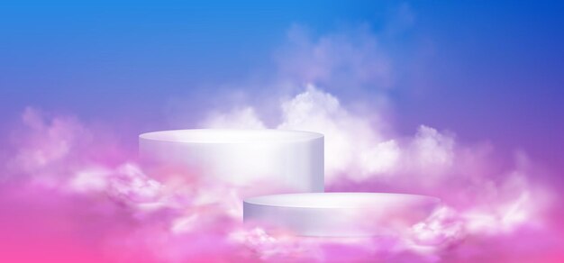 ふわふわした雲の中の2つのシリンダー製品のポディウム