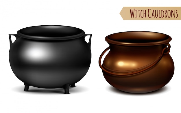 Free vector two decorative witch cauldrons metal pots black and bronze with arc shaped hanger  realistic