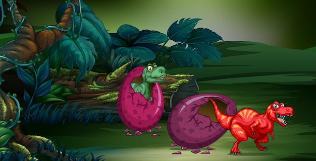 Two dinosaurs hatching eggs in deep forest