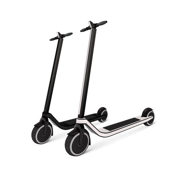 Two electric kick scooters on battery realistic monochrome composition on white background vector illustration