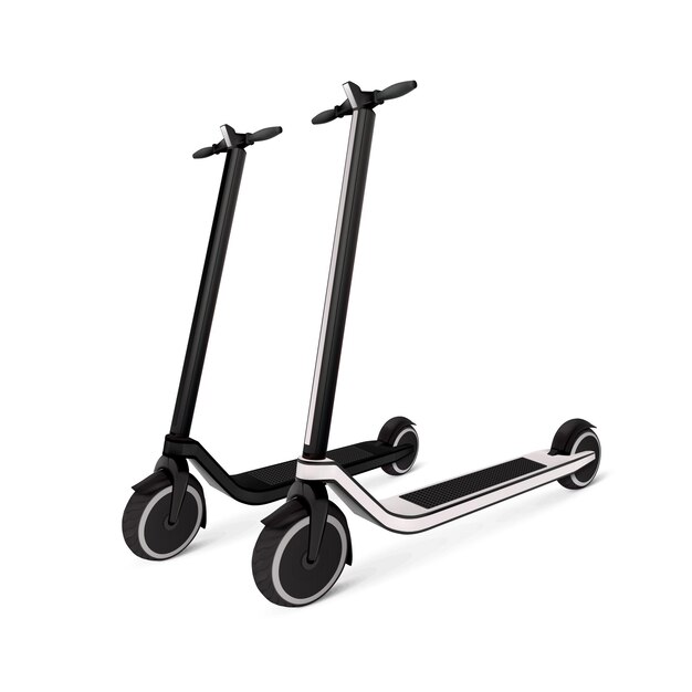Two electric kick scooters on battery realistic monochrome composition on white background vector illustration