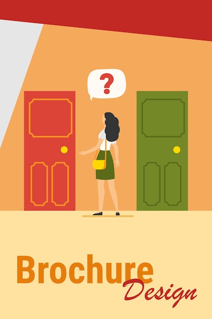 Free vector two entrance choice. woman with question mark choosing between two doors flat vector illustration. solution, opportunities, dilemma concept