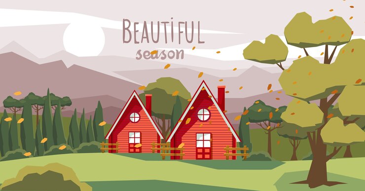 Free Vector two farm houses in the middle of the forest with fallen orange leaves carried by the wind. beautiful season